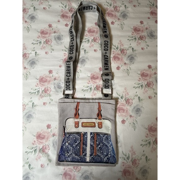 Coco+Carmen Canvas Crossbody Bag Tote Purse Blue Paisley Print 6x7" - Picture 1 of 4
